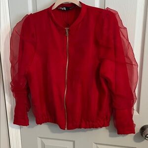 Zara Vibrant Red Bomber Jacket with Sheer Sleeves
